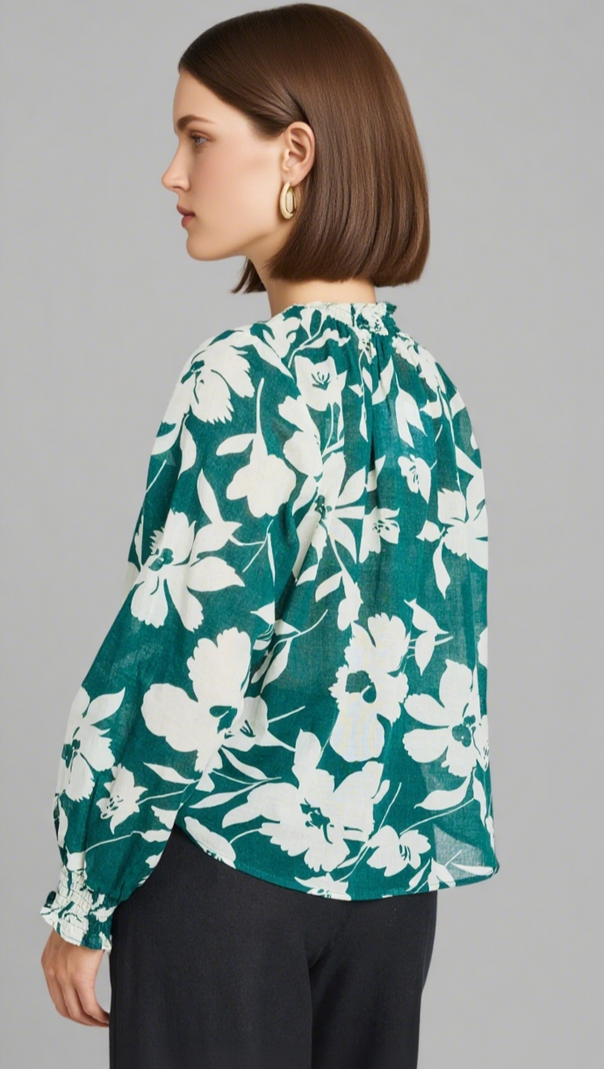 AIIZIE AFFECTION FOREST FLORAL SHIRRED HIGH NECK LS TOP - product image