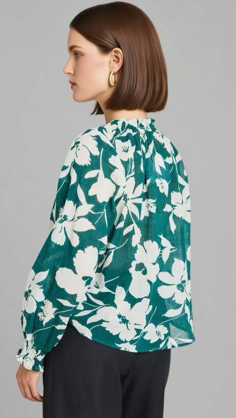 AFFECTION FOREST FLORAL SHIRRED HIGH NECK LS TOP