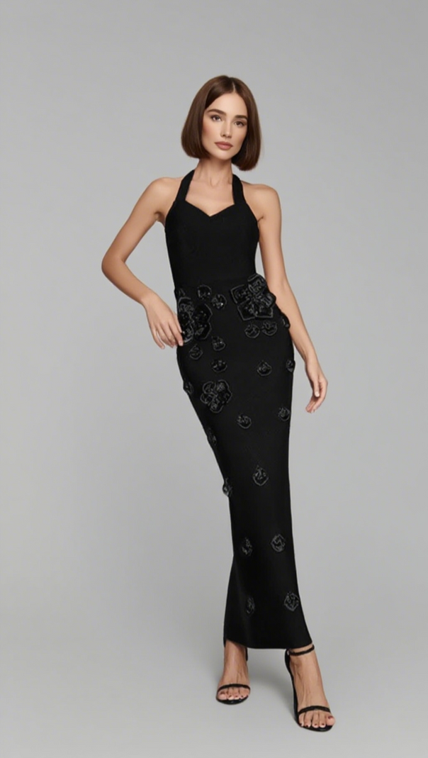 AIIZIE STRAPLESS FLORAL EMBELLISHED MIDI DRESS IN BLACK - product image