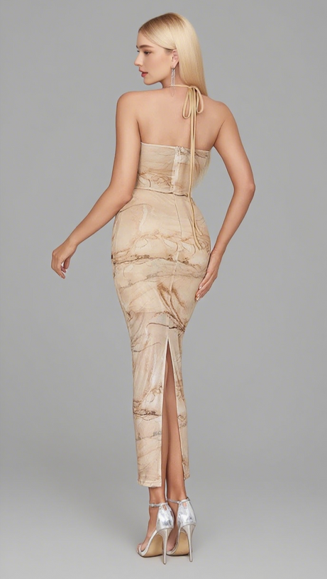 MARBLE - PRINT HALTER - NECK RUCHED MIDI DRESS IN BEIGE