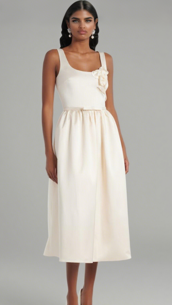 AIIZIE POLLY FLORAL-APPLIQUÉ SATIN MIDI DRESS IN IVORY - product image
