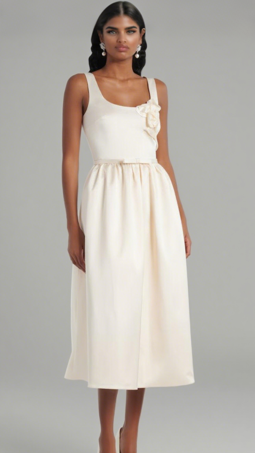 ABITO MIDI IN RASO CON APPLICAZIONI FLOREALI POLLY IN AVORIO