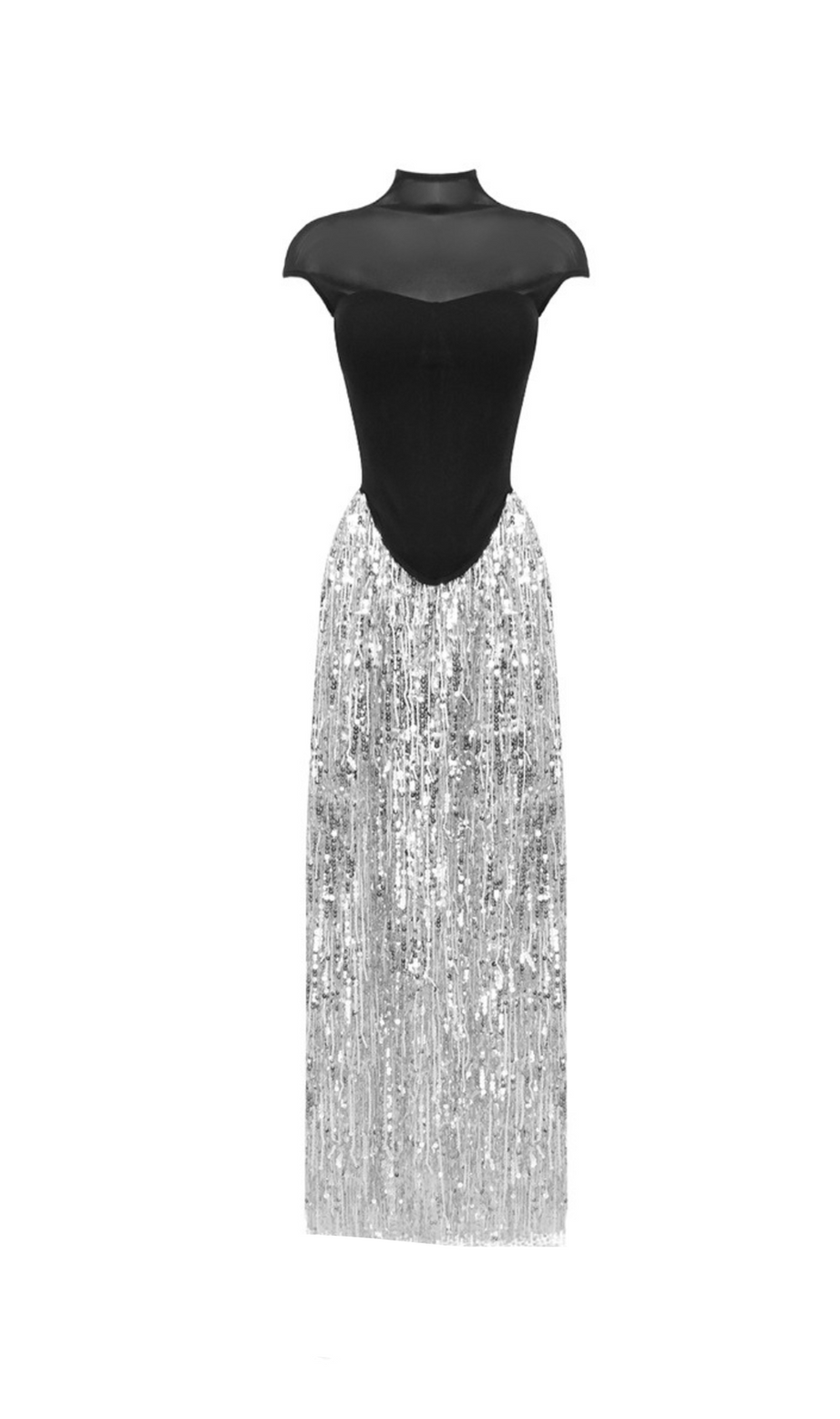 Schwarzes Korsett-Maxikleid mit Quasten und Pailletten
