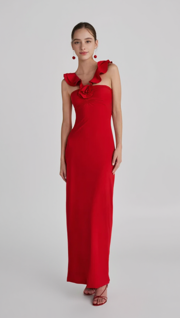 AIIZIE FLORAL RUFFLE TRIM HALTER MIDI DRESS IN RED - product image