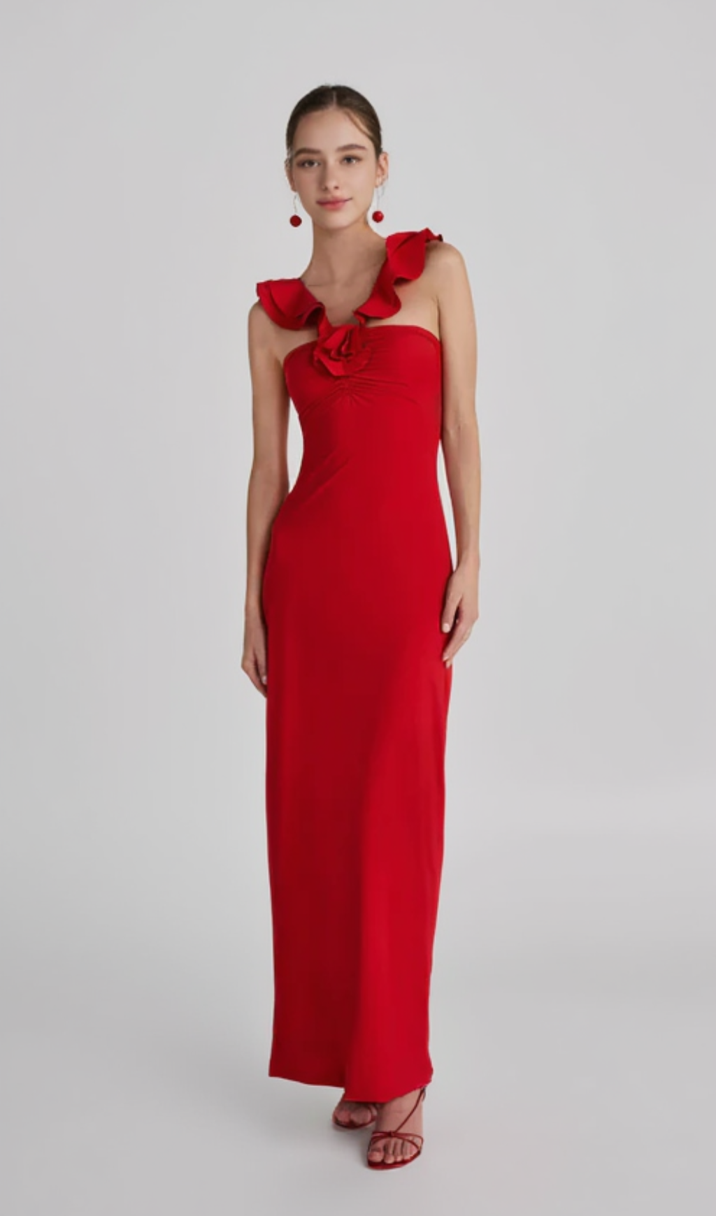 FLORAL RUFFLE TRIM HALTER MIDI DRESS IN RED