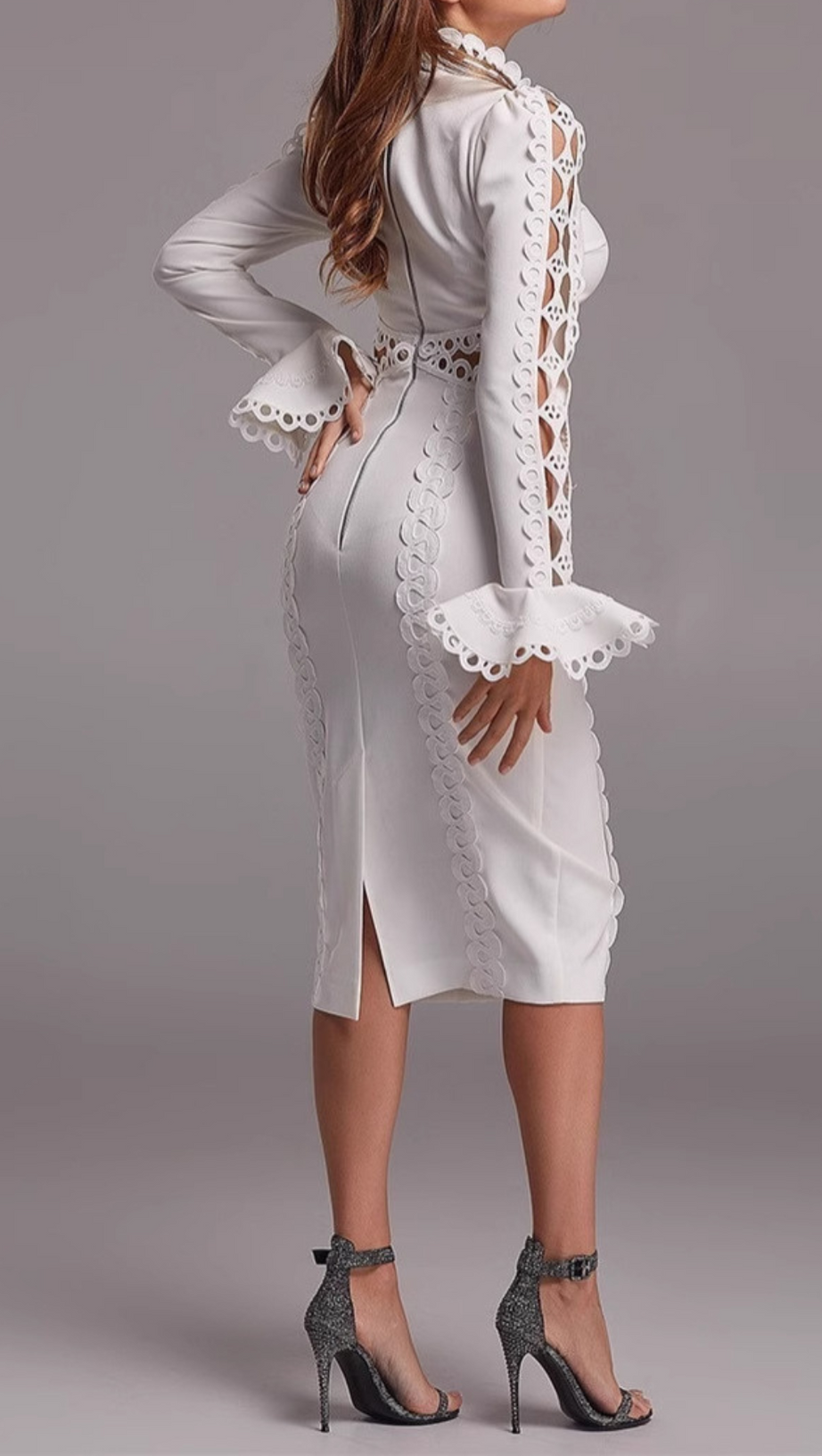 HOLLOW LACE MIDI DRESS IN WHITE