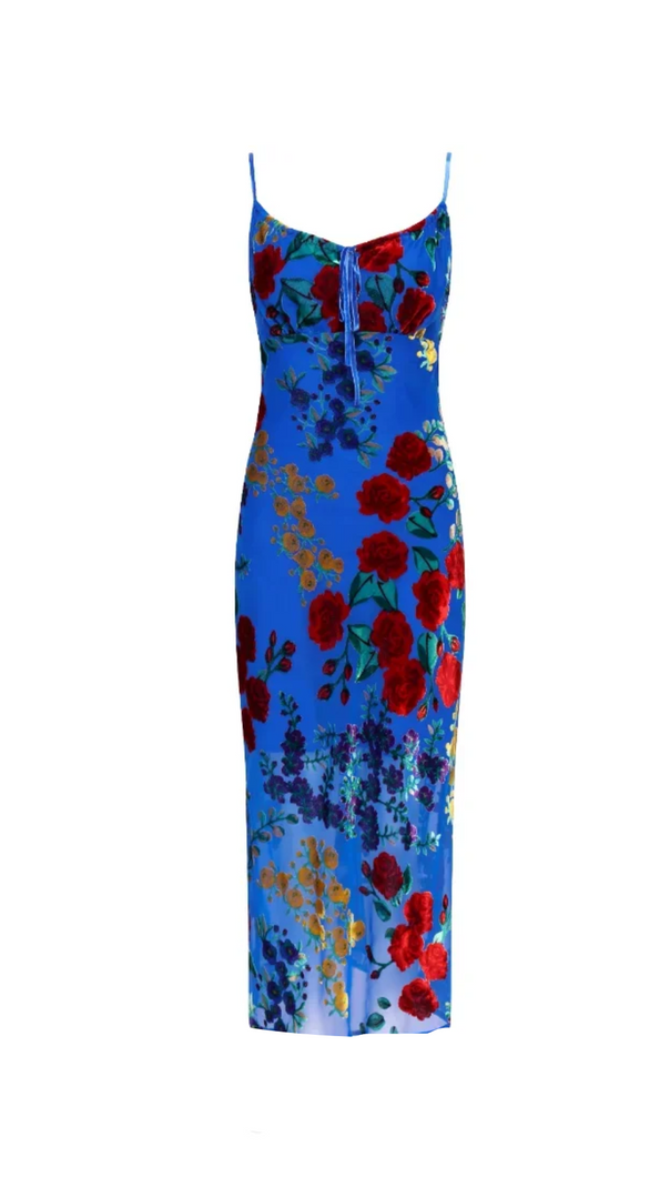AIIZIE MARGARET FLORAL VELVET STRETCH-WOVEN MIDI DRESS IN KLEIN BLUE - product image