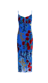 MARGARET FLORAL VELVET STRETCH-WOVEN MIDI DRESS IN KLEIN BLUE