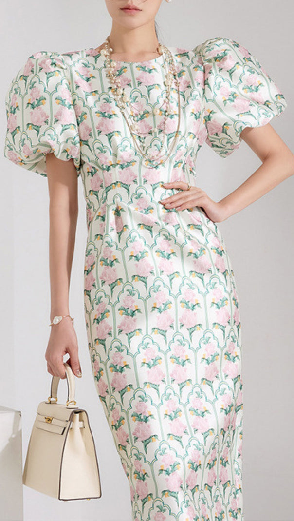 AIIZIE PUFF-SLEEVE FLORAL PRINTED MIDI DRESS - product image