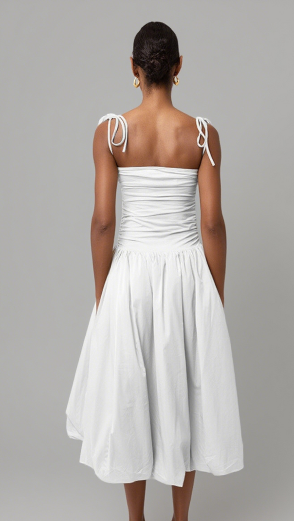 AIIZIE HALTER NECK RUCHED FLOWY MIDI DRESS IN WHITE - product image