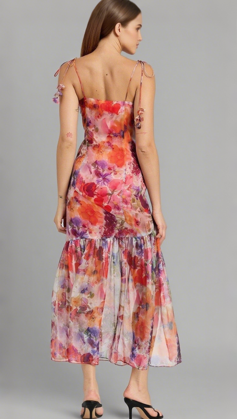 Rotes, mehrfarbiges Midikleid mit Bindebändern und Blumenmuster