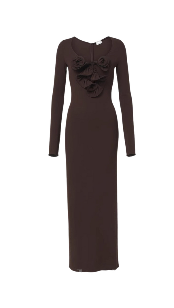 Jersey-Maxikleid mit Blumenapplikation in Braun