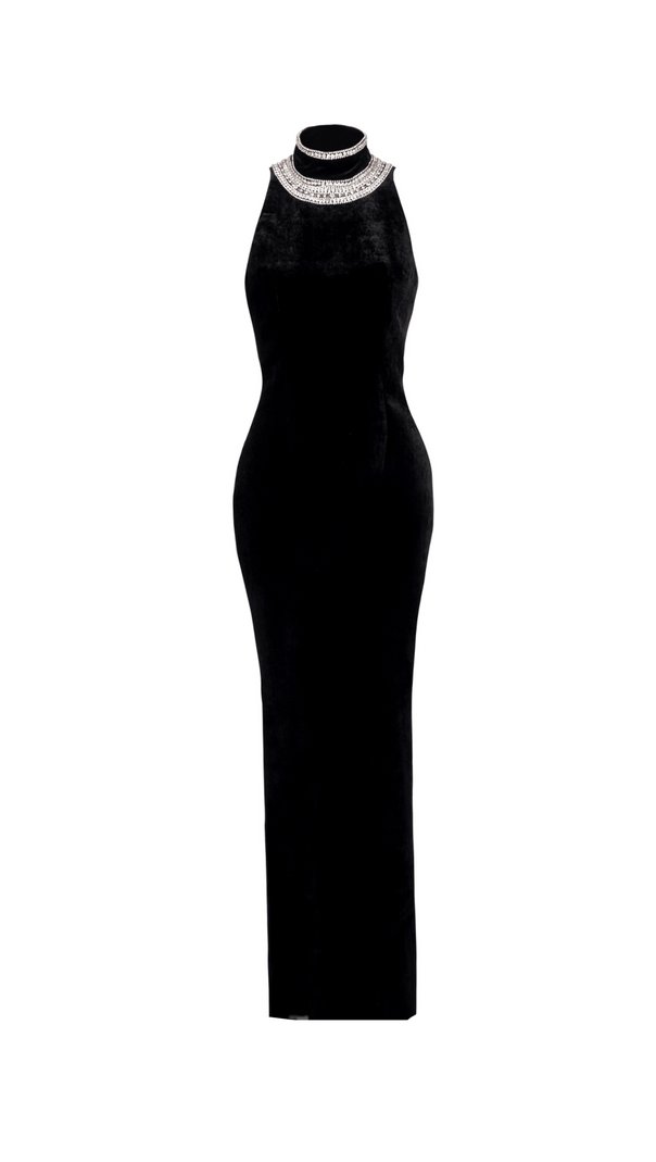 AIIZIE EMBROIDERED VELVET HALTERNECK MAXI DRESS IN BLACK - product image