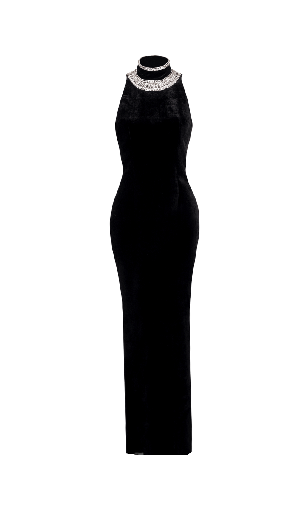 EMBROIDERED VELVET HALTERNECK MAXI DRESS IN BLACK