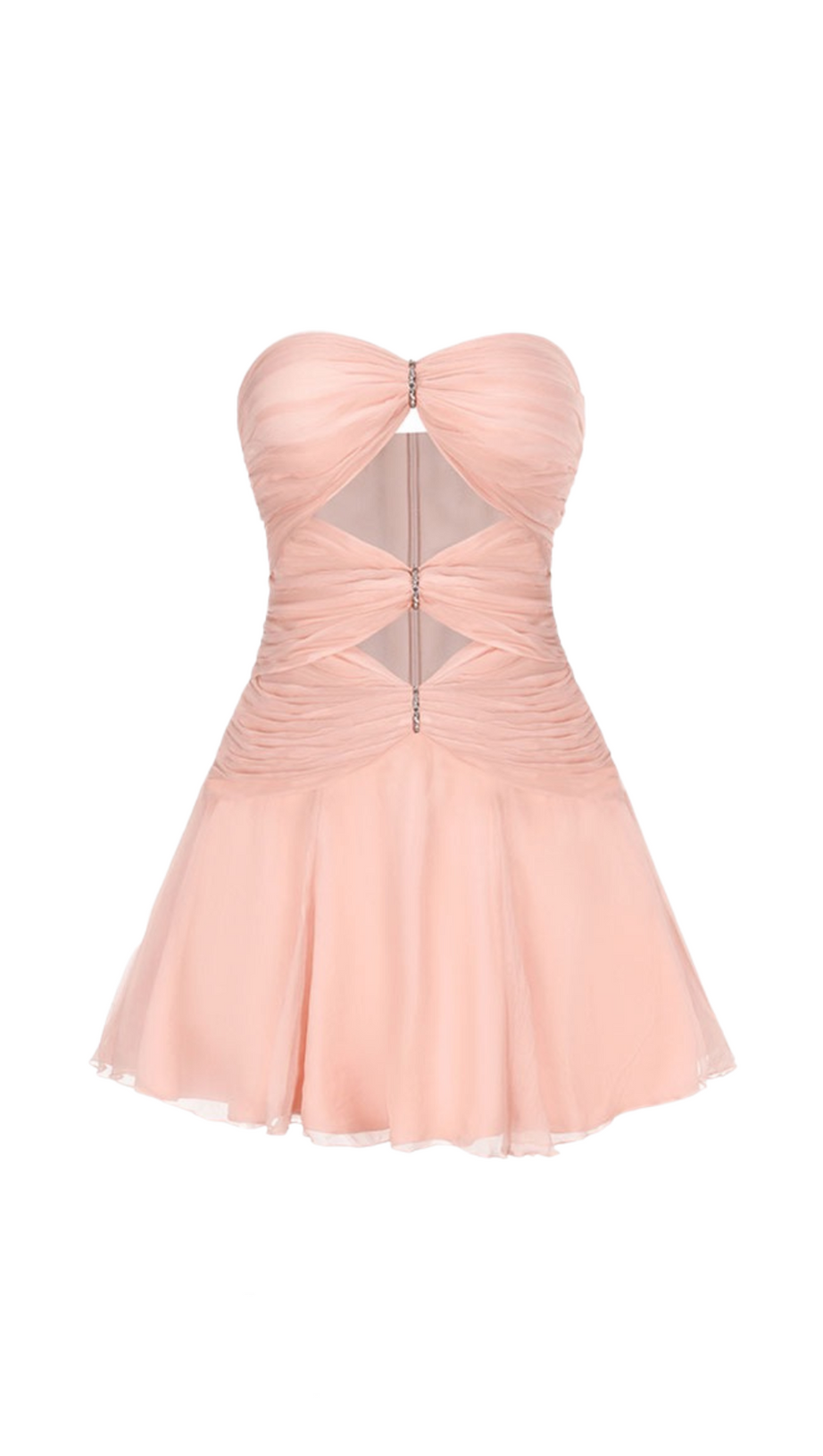 MINI ABITO ROSA CON SPALLE SCOPERTE E PLISSETTATURE E TAGLIO