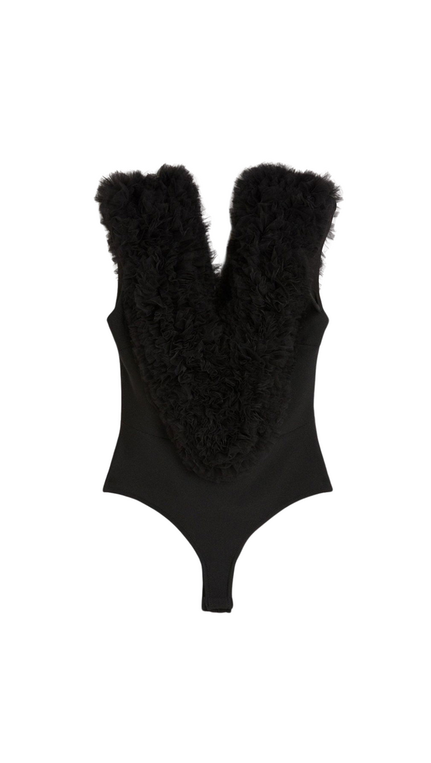 AIIZIE MIRANDA BLACK BANDAGE FIGURE FORM KNIT FLOWER DETAIL BODYSUIT - product image
