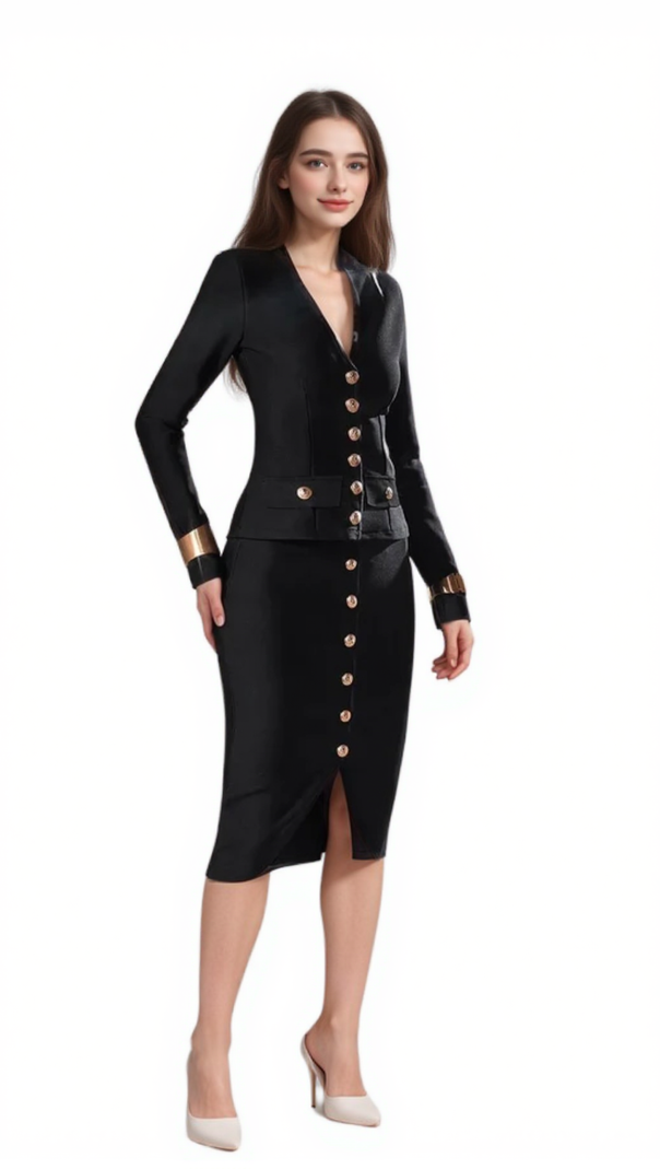 AIIZIE BONNIE LONG SLEEVE SINGLE BREASTED BANDAGE SET IN BLACK - product image