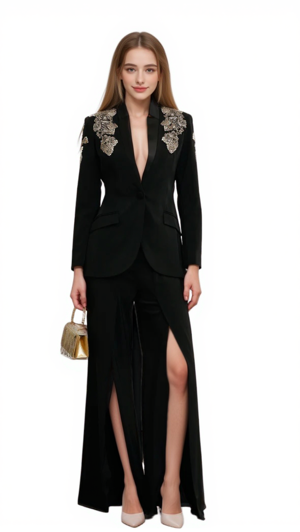 AIIZIE DELPHINE BLACK EMBELLISHED JACKET & TROUSERS MATCHING SET - product image