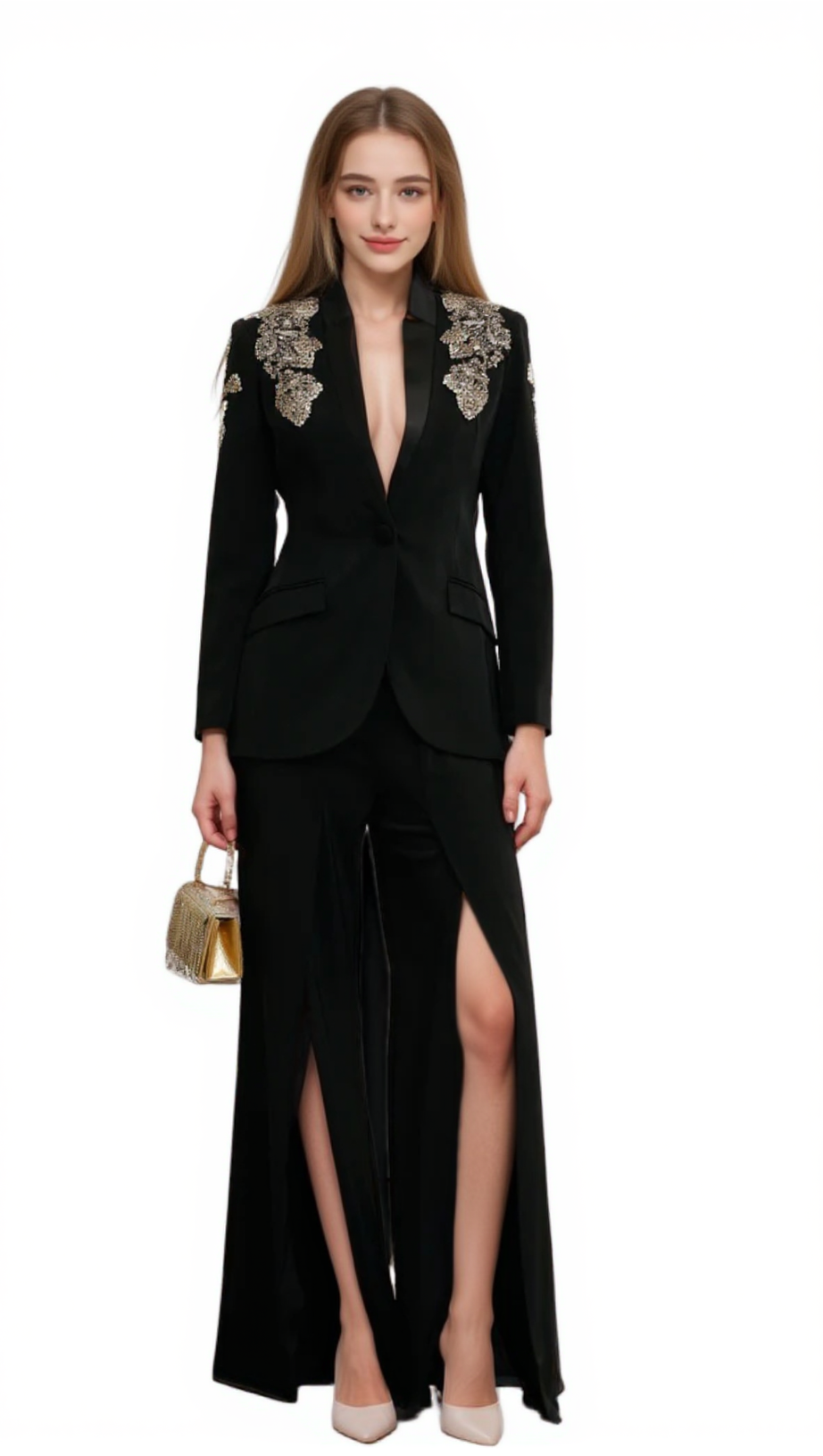 DELPHINE BLACK EMBELLISHED JACKET & TROUSERS MATCHING SET
