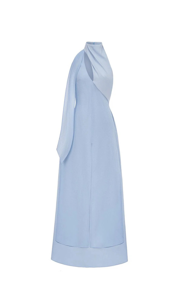 Yen – Hochgeschlossenes Maxikleid aus Seidenfloss mit mehreren Lagen in Blau