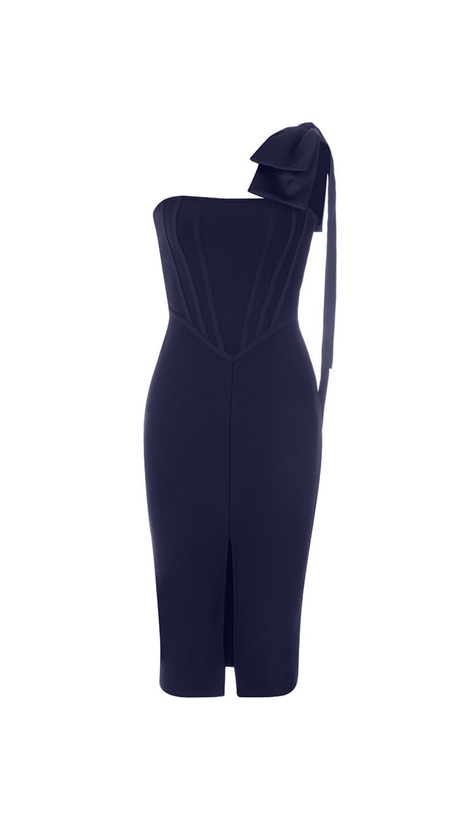 ABITO HEDDA CON FASCE E SPACCHI SULLE SPALLE, COLOR BLU MARINO