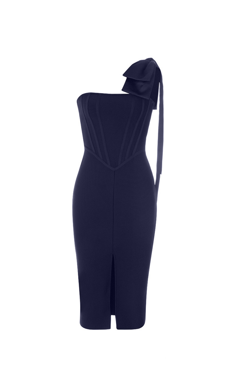 HEDDA TIE SHOULDER SPLIT BANDAGE DRESS IN NAVY