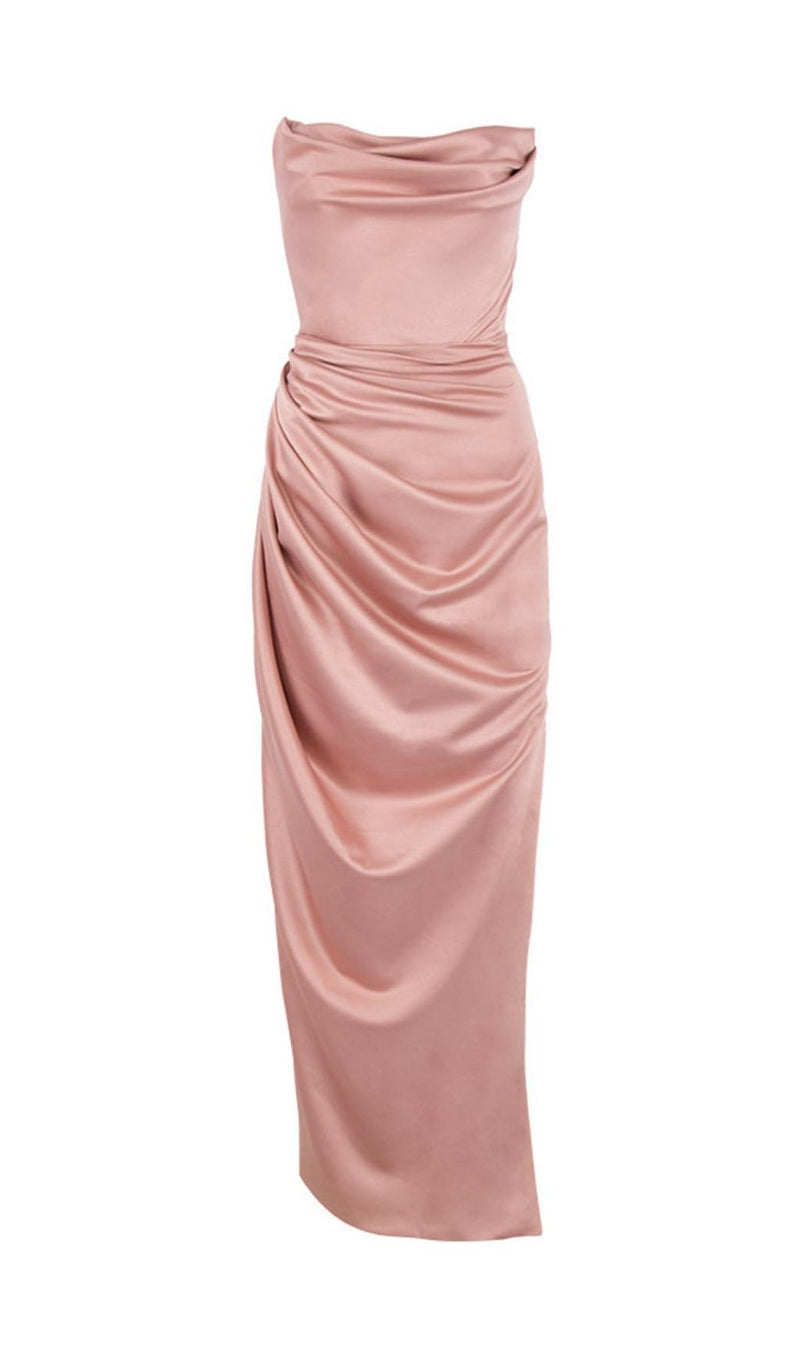 STRAPLESS BODYCON RUCHED MAXI DRESS