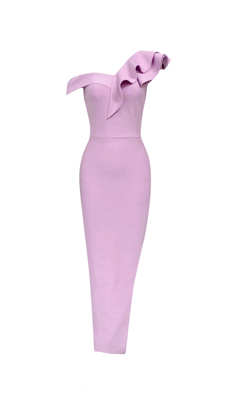 ONE-SHOULDER RUFFLE TRIM MIDI DRESS IN ICEBERRY PINK