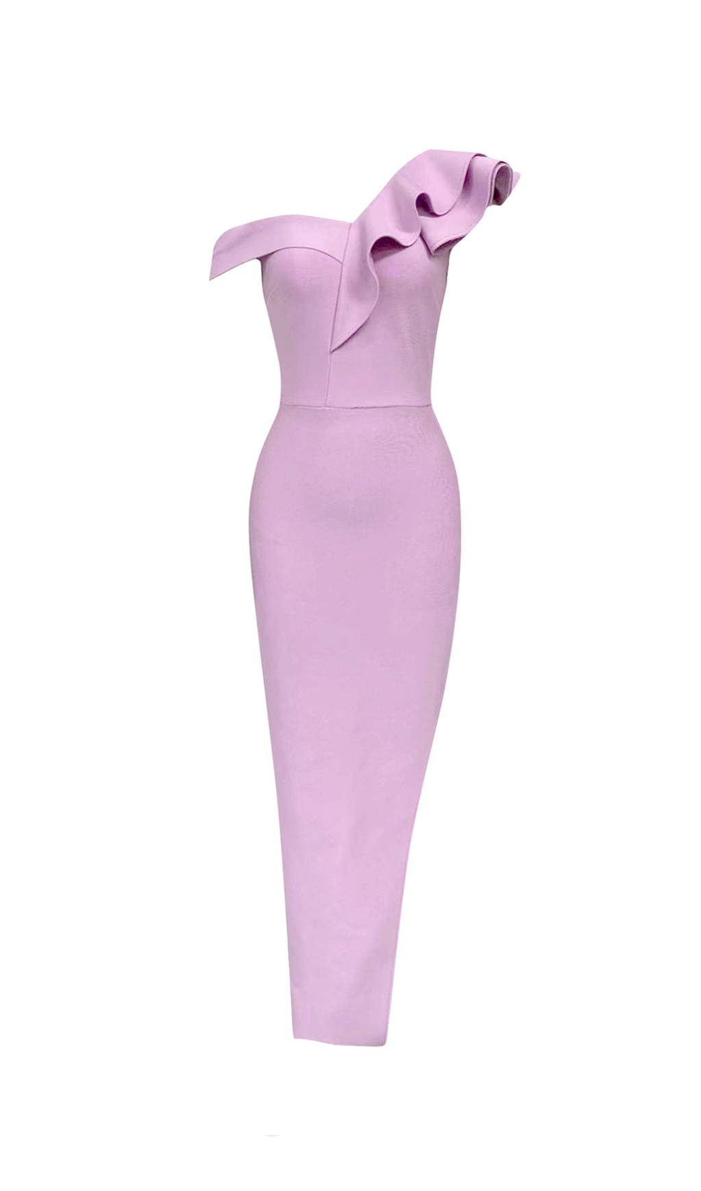 ONE-SHOULDER RUFFLE TRIM MIDI DRESS IN ICEBERRY PINK