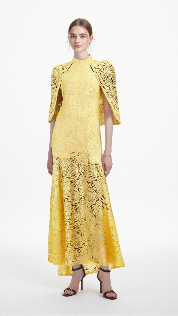 AIIZIE URSULA YELLOW CAPE-DESIGN CHANTILLY-LACE MAXI DRESS - product image