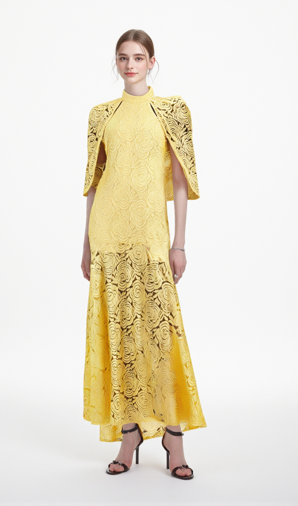 URSULA YELLOW CAPE-DESIGN CHANTILLY-LACE MAXI DRESS