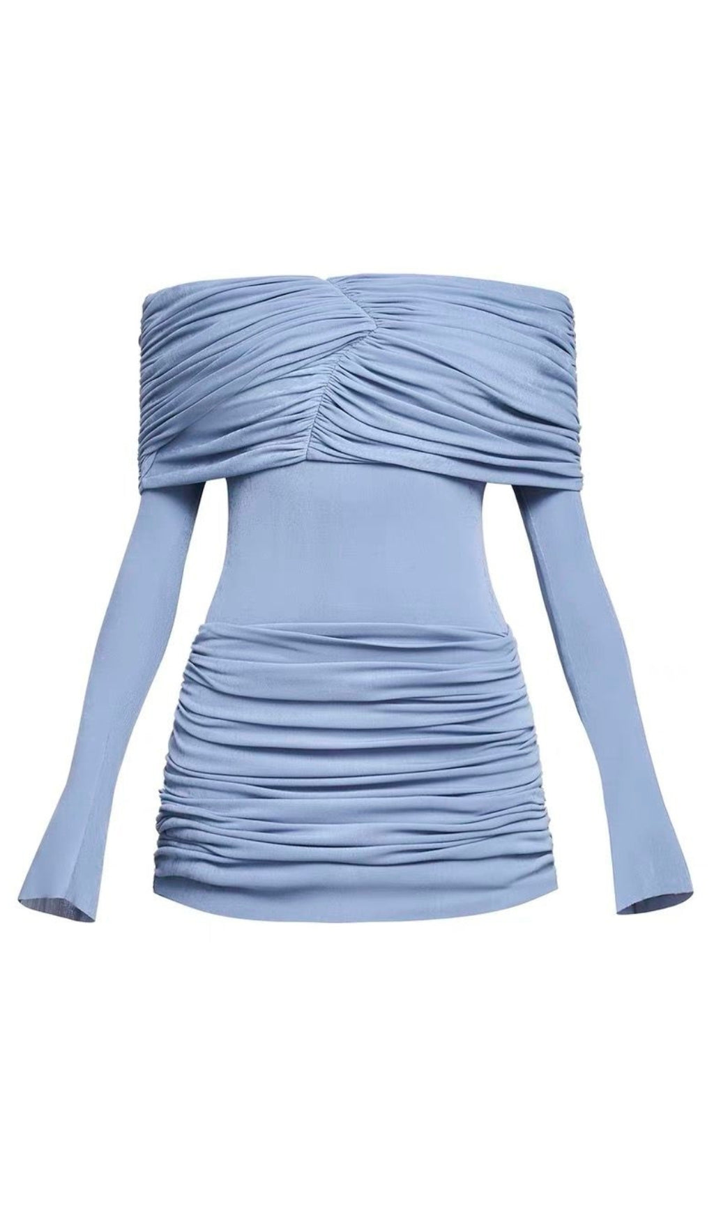 LEKEISHA OFF SHOULDER DRAPED MINI DRESS IN BLUE