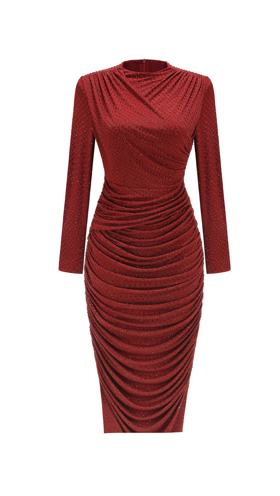 DIAMOND EMBELLISHED PLEATED MIDI DRESS IN MERLOT