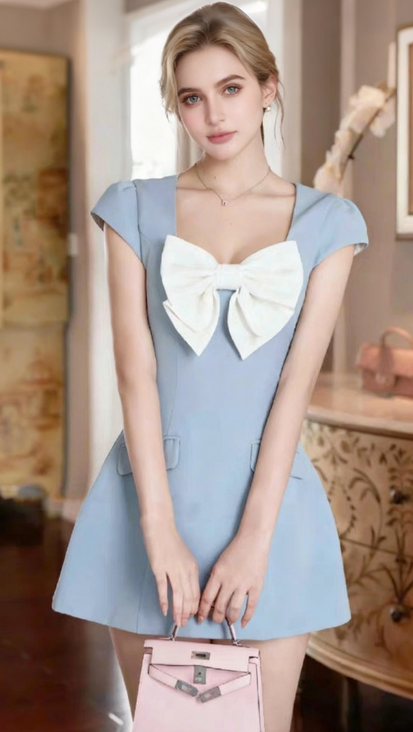 AIIZIE BOW SHORT SLEEVE MINI DRESS IN BLUE - product image