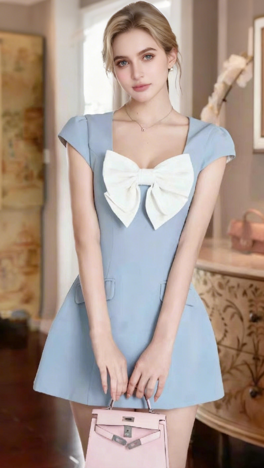 BOW SHORT SLEEVE MINI DRESS IN BLUE