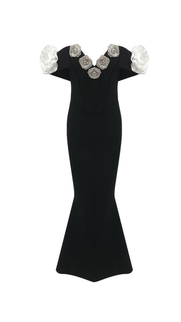 AIIZIE BEATRICE BLACK OFF SHOULDER 3D FLOWERS BODYCON BANDAGE MAXI DRESS - product image