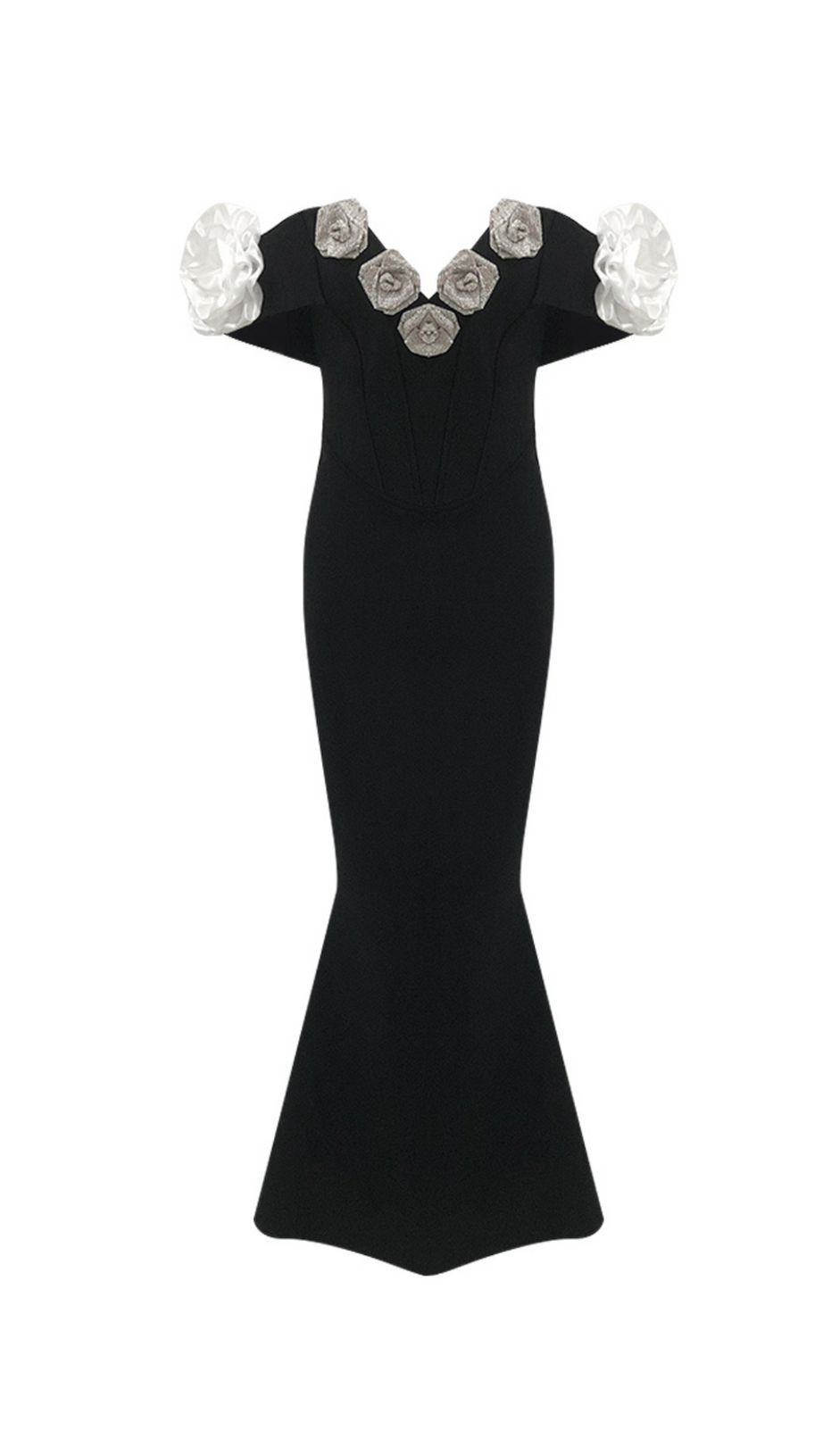 BEATRICE BLACK OFF SHOULDER 3D FLOWERS BODYCON BANDAGE MAXI DRESS