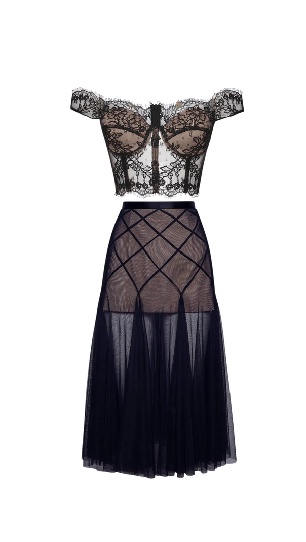 AIIZIE FLORAL DENTELLE OFF-SHOULDER BUSTIER CORSET NET SKIRT SET - product image