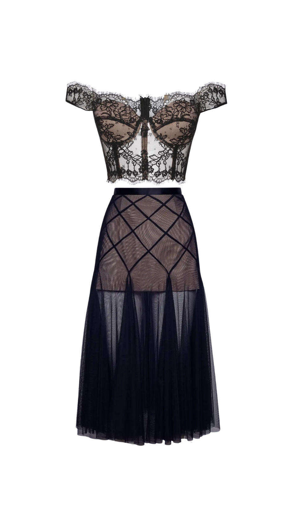 FLORAL DENTELLE OFF-SHOULDER BUSTIER CORSET NET SKIRT SET