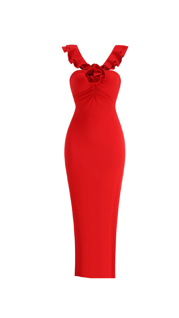 AIIZIE FLORAL RUFFLE TRIM HALTER MIDI DRESS IN RED - product image