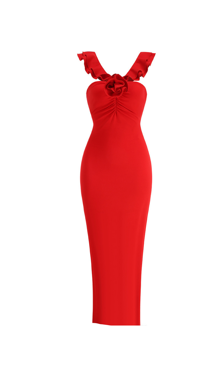 abito midi con scollo all'americana e volant floreali in rosso