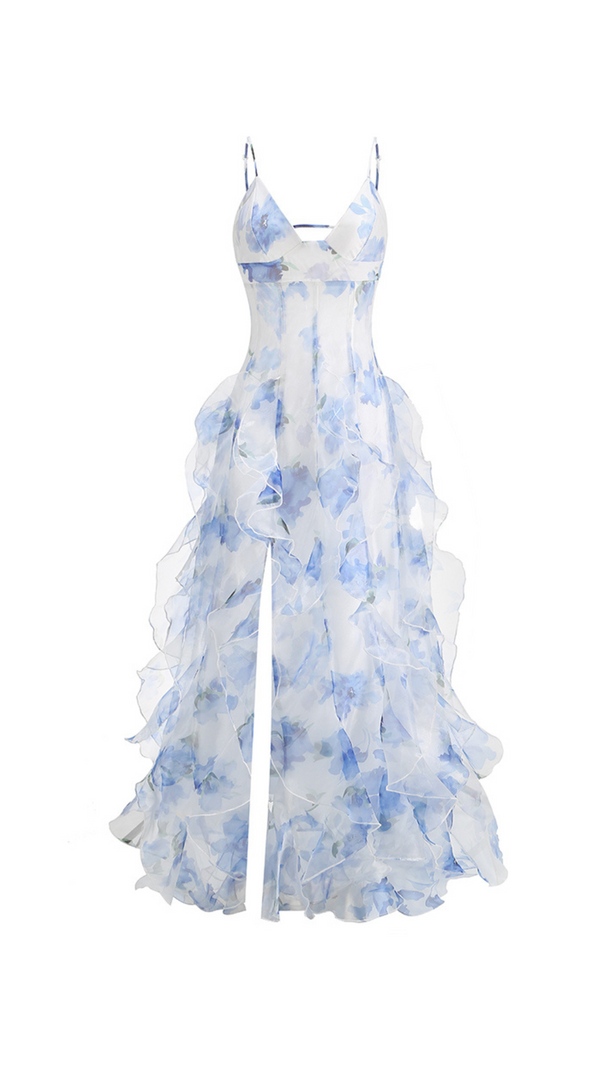 AIIZIE BELINDA BLUE FLORAL VERTICAL RUFFLE TRIM MAXI DRESS - product image