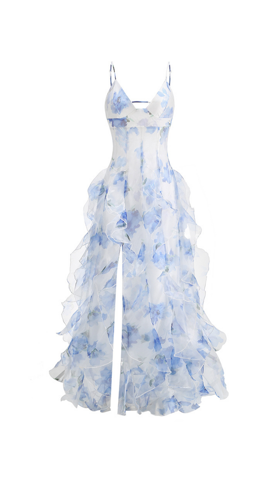 BELINDA BLUE FLORAL VERTICAL RUFFLE TRIM MAXI DRESS