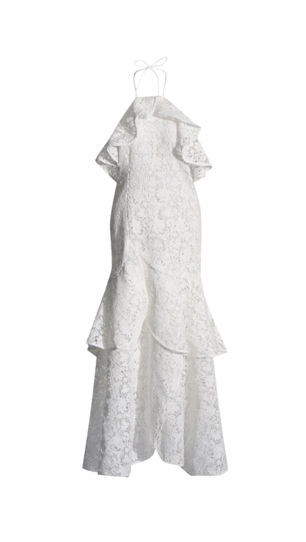 AIIZIE LYNN GARDENIA GUIPURE LACE RUFFLE GOWN IN WHITE - product image