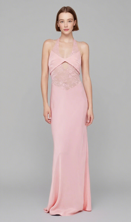 Abito lungo con scollo all'americana in pizzo rosa Tiffany