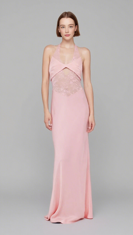 TIFFANY PINK MESH LACE HALTER MAXI DRESS