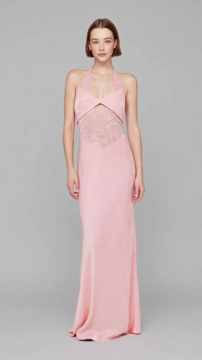 TIFFANY PINK MESH LACE HALTER MAXI DRESS