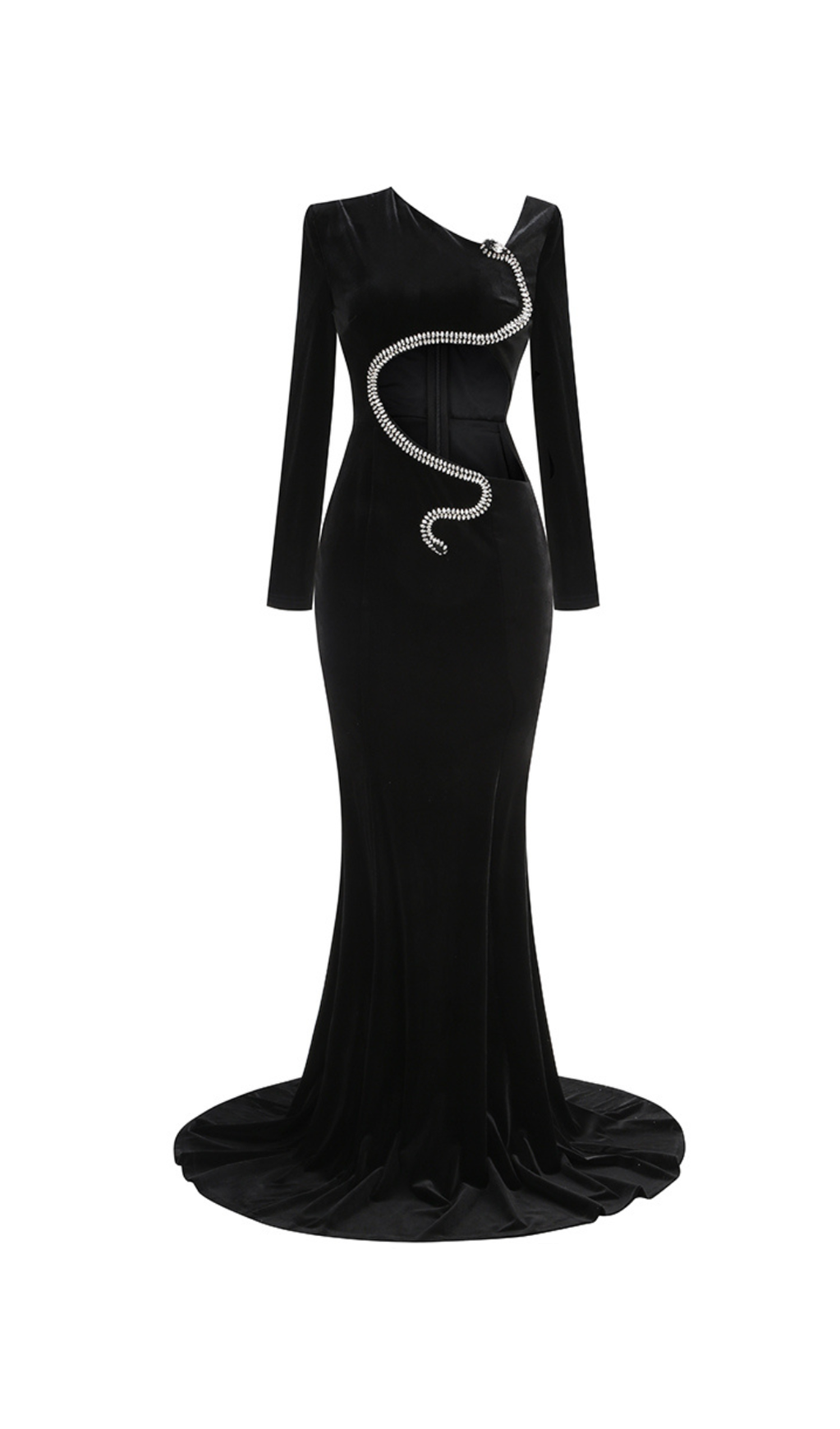 RHINESTONE EMBELLISHED FLOOR-LENGTH DRESS IN BLACK