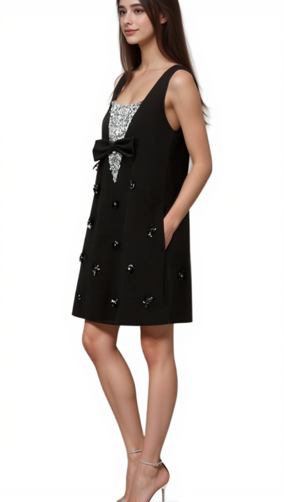 AVIVA BLACK 3D-PETAL SEQUINED MINI DRESS