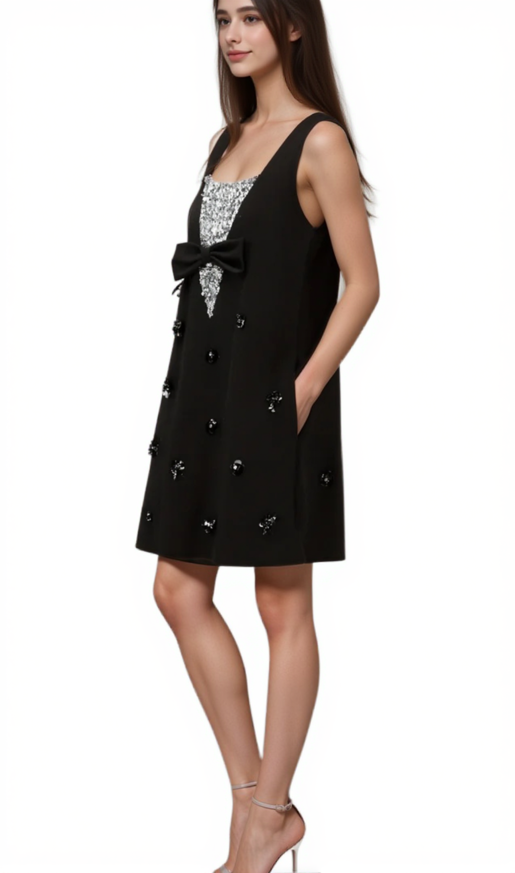 AVIVA BLACK 3D-PETAL SEQUINED MINI DRESS